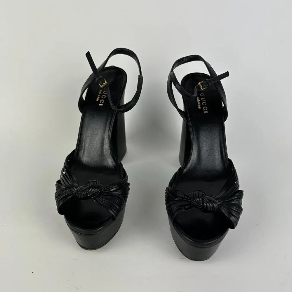 Gucci Allie Knotted Platform Sandals EU 37 US 7 Black Crawford Block High Heel - Picture 3 of 12